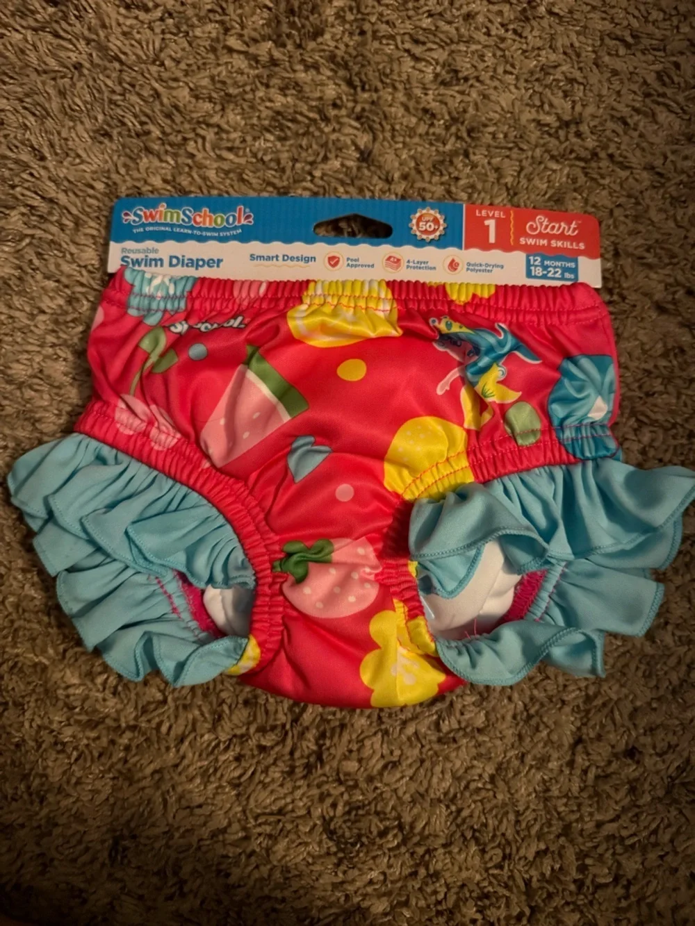 Aqua Pink Swim Diaper with Light Blue Ruffle Trim